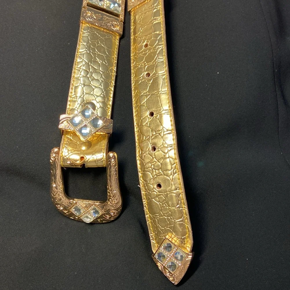 RRango Unisex Gold Tone 4 White Stones Design Ostrich Custom Belt.